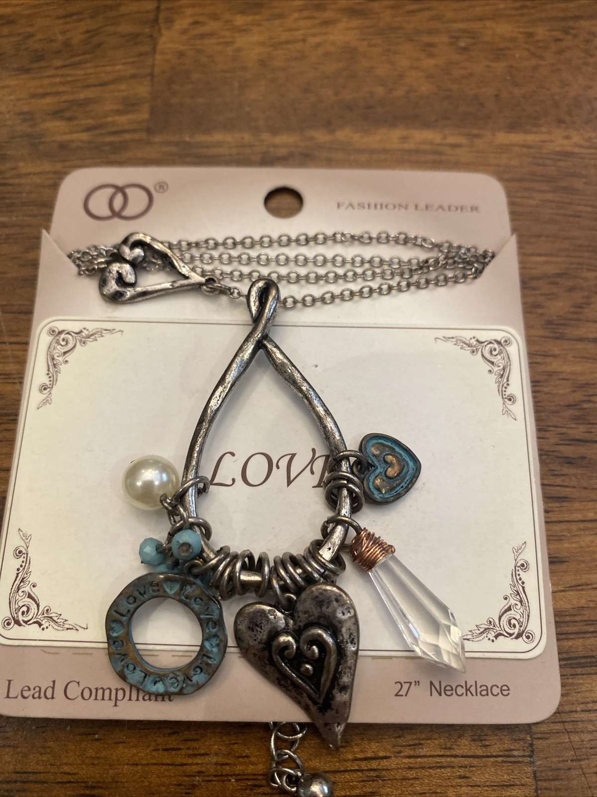 Beautiful 27 inch Silver Finish Necklace Love, Heart & Protection Crystal Charms