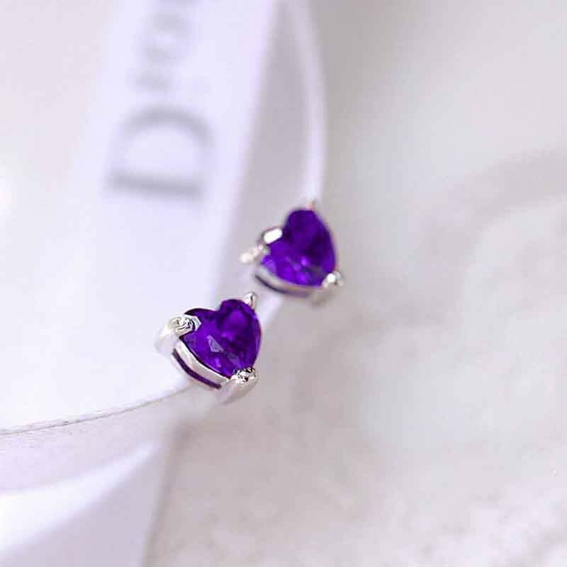 925 Sterling Silver Amethyst Heart CZ Shaped Stud Earrings 5MM Cubic Zirconia