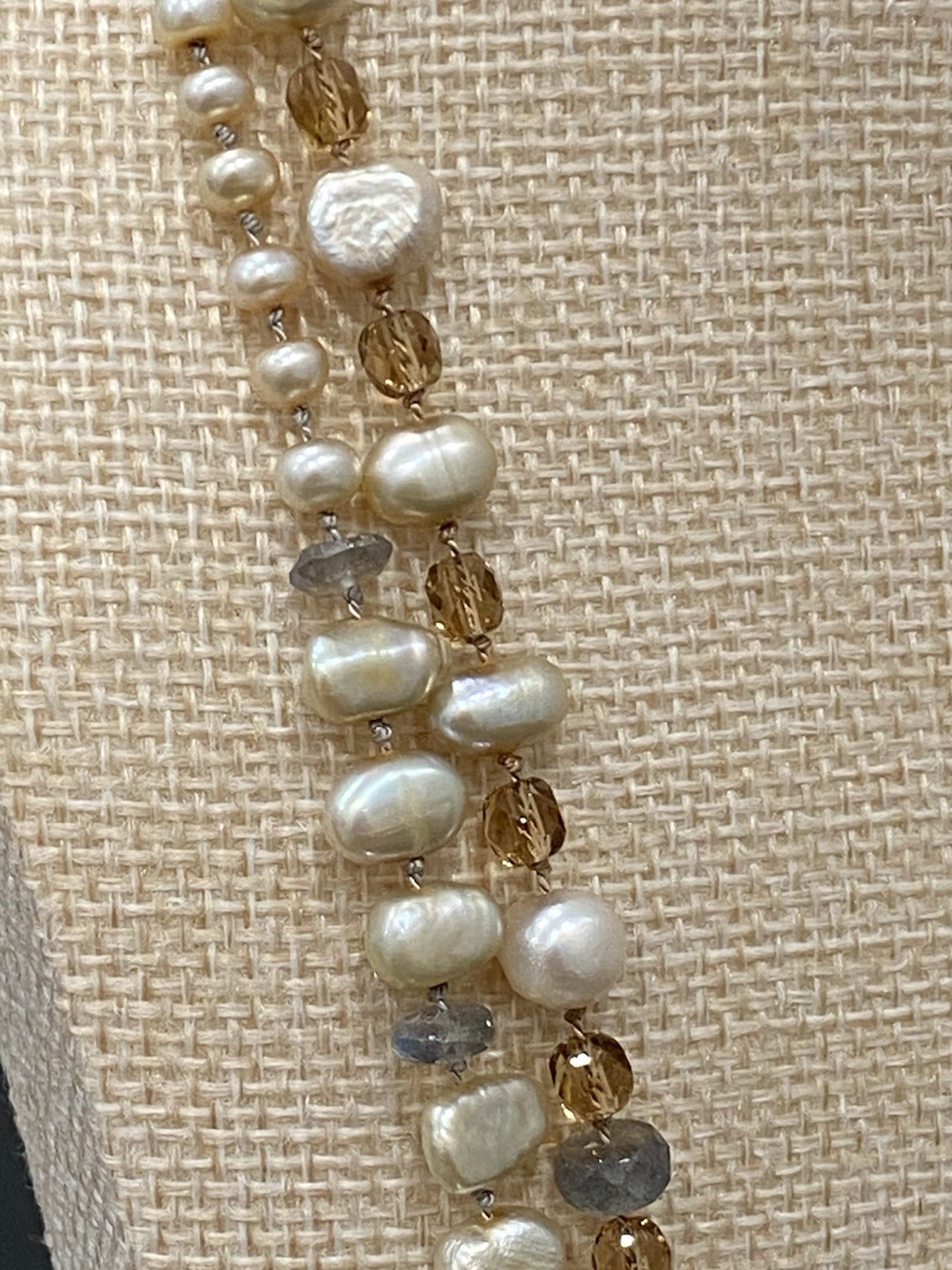 Vintage Artisan Pearl Citrine Multi Strand Necklace Sterling Silver Spiral Clasp