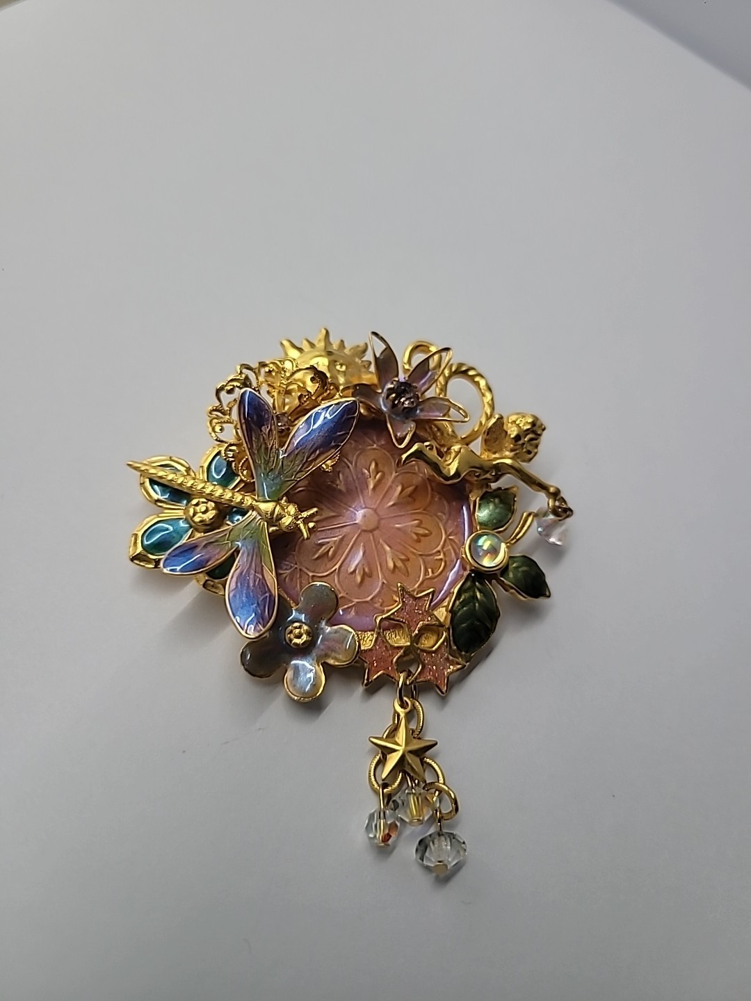 Vintage Kirks Folly Fairy Dragonfly Garden Brooch Iridescent Medallion Retired
