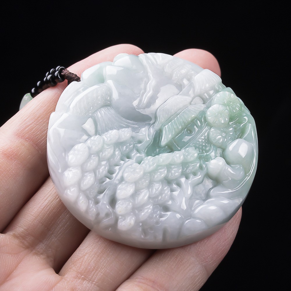 Type A Myanmar Double Sided Round Landscape Jadeite Pendant Carved Jewelry Gift