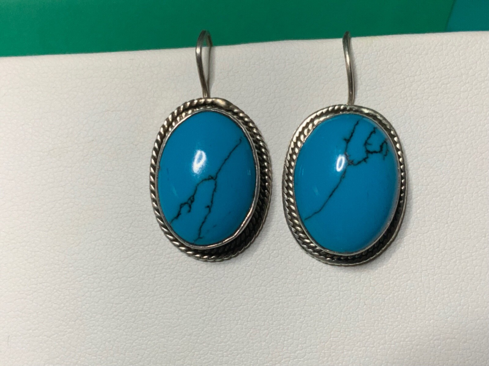 🌸 Ladies 925 Sterling Silver Oval Faux Turquoise French Wire Earrings ( E9)