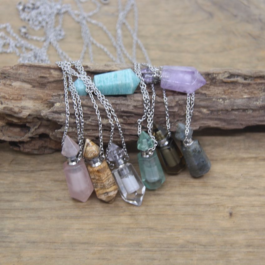 Double Pointed Perfume Bottle Pendant Vial Labradorite Pendants DIY Necklace 1Pc