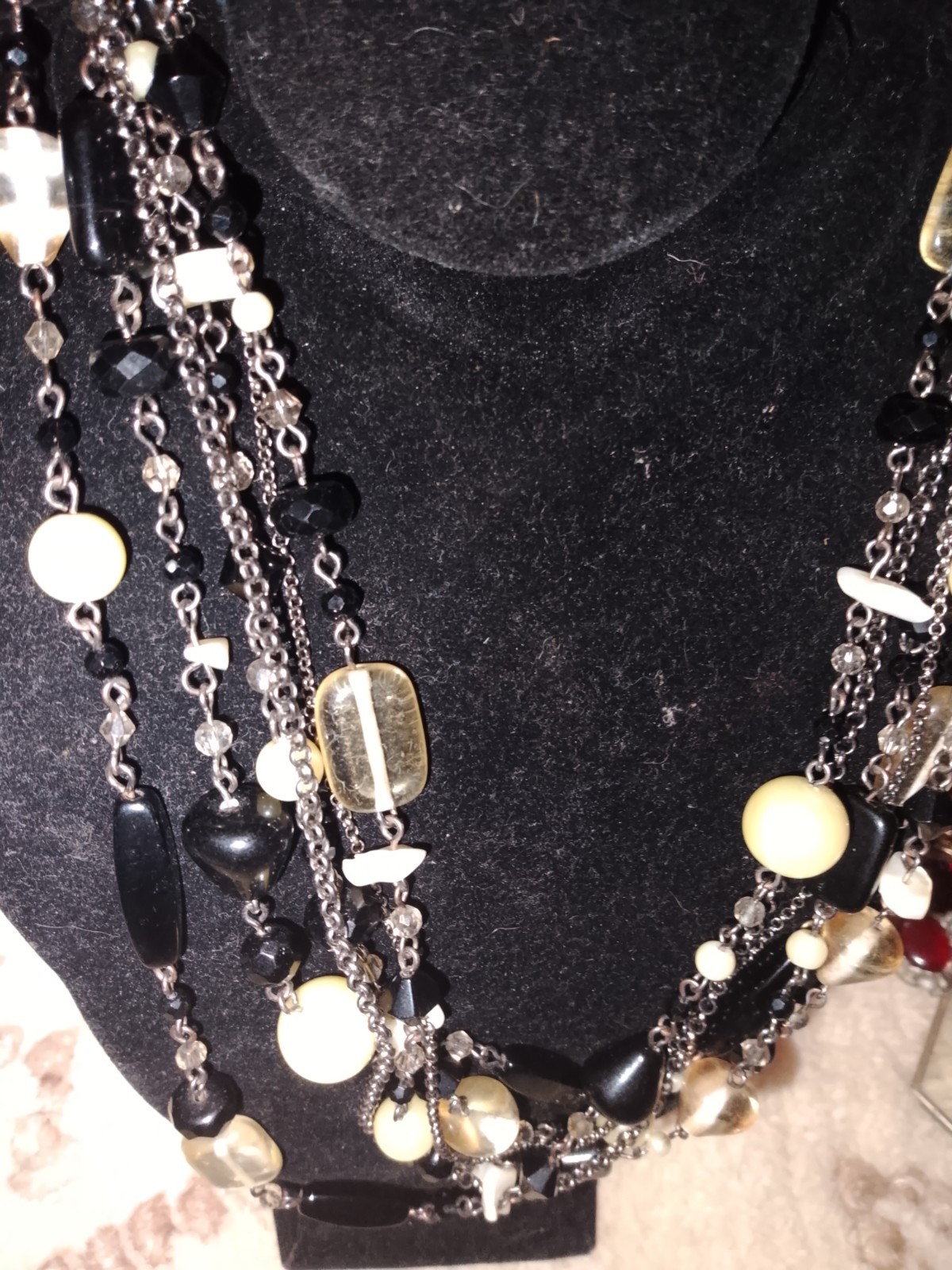 Multi-Strand Layered Glass Beaded Cable Chain Necklace Black White Silver