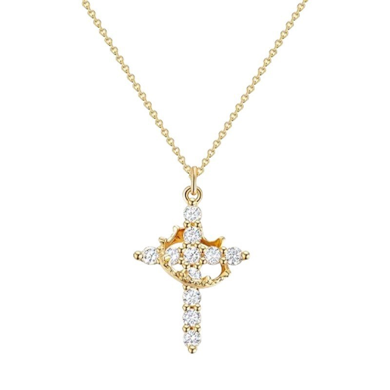 Trendy Crown Cross Necklace for Women Gold Plated Pendant with Cubic Zirconia