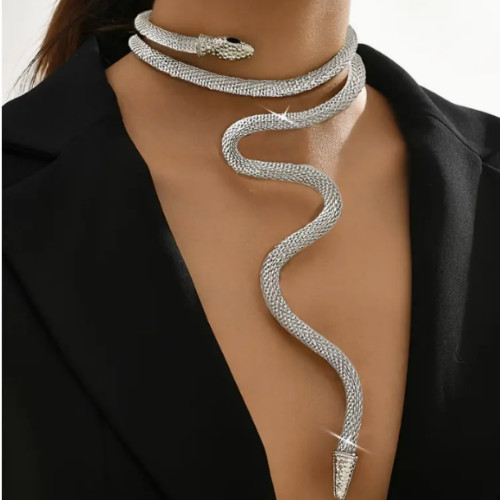 Snake Necklace Rhinestone Wrap Mesh Choker Silver Gold Serpent Hair Body Chain