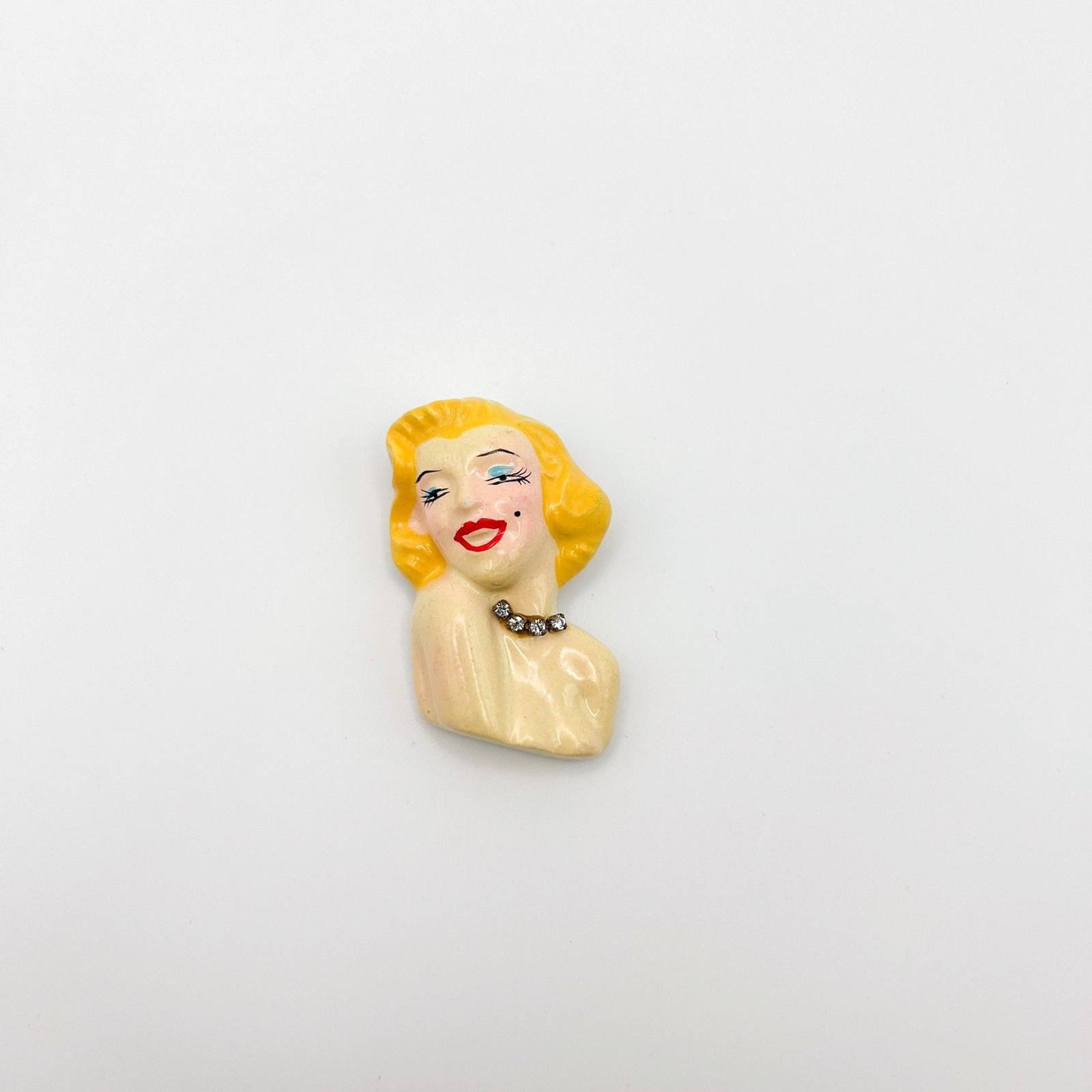 Signed 1988 Marilyn Monroe Brooch Hand Painted Clay Embellished with Crystals