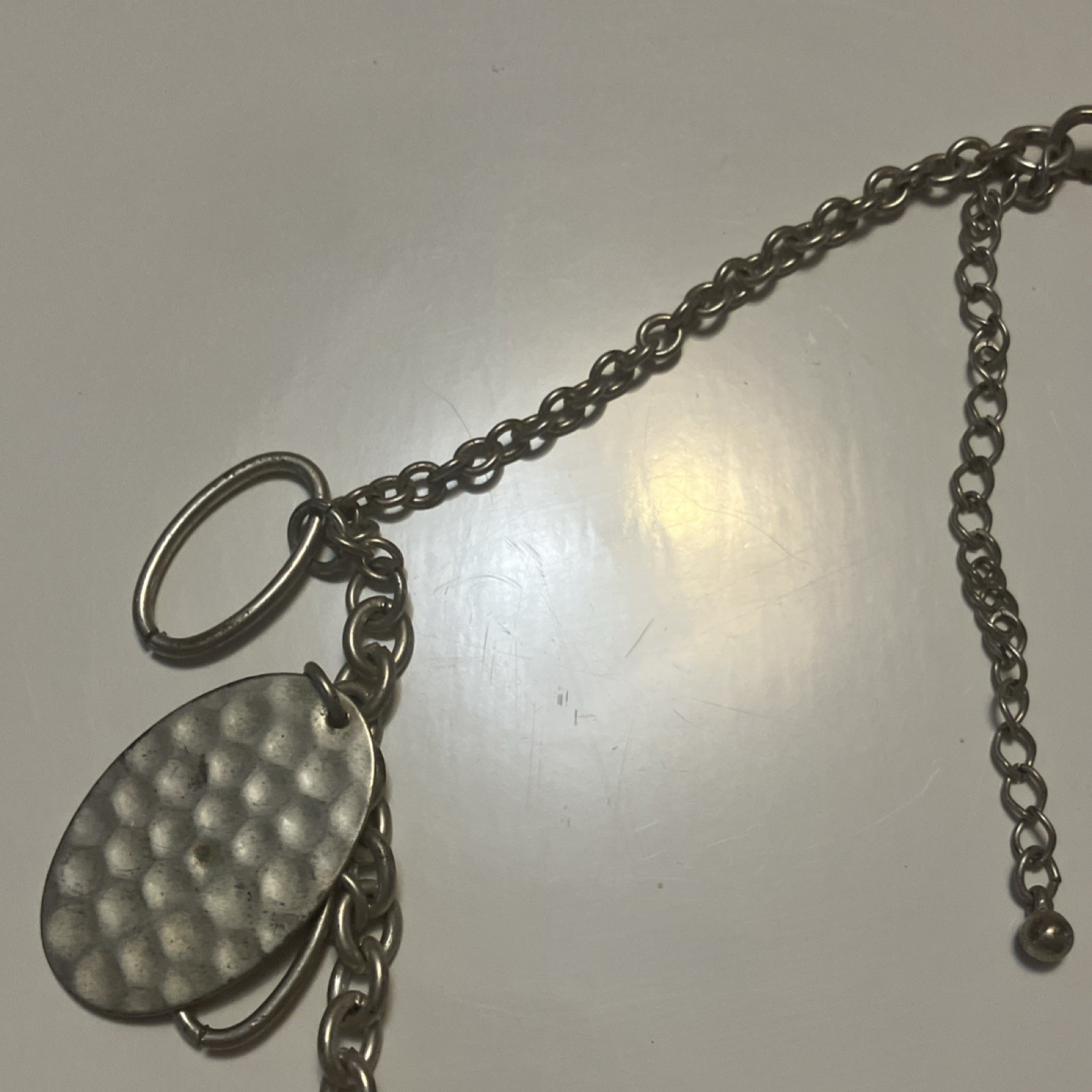 Silver Tone Hammered Oval Pendant Necklace Statement Charm Metal Link Chain Gift