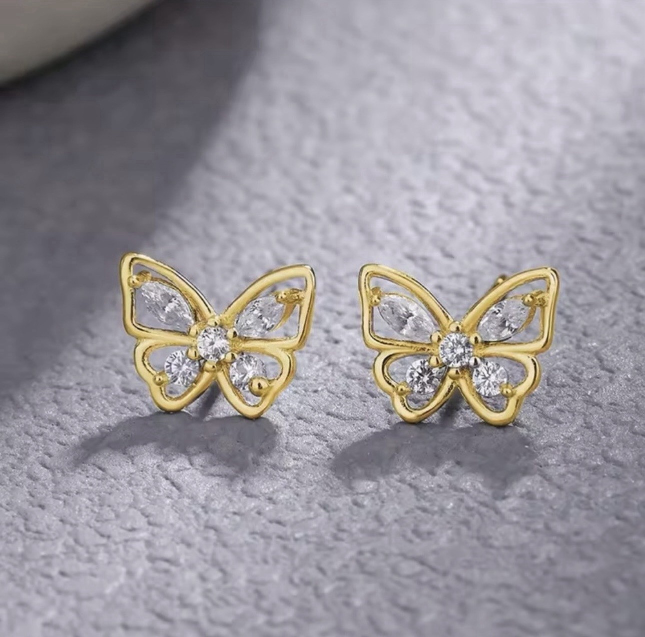 Gold Plated Butterfly Stud Earrings 925 Sterling Silver CZ Gold Earrings