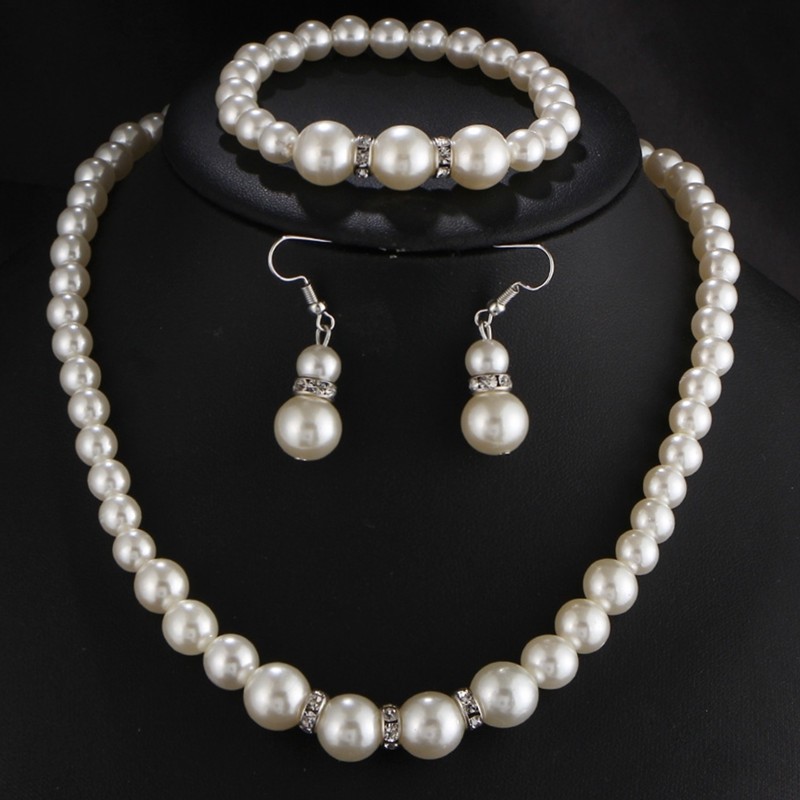 Women’s Wedding Bridal Gold Silver Plated Sz Ct Round Simulated Pearl Set