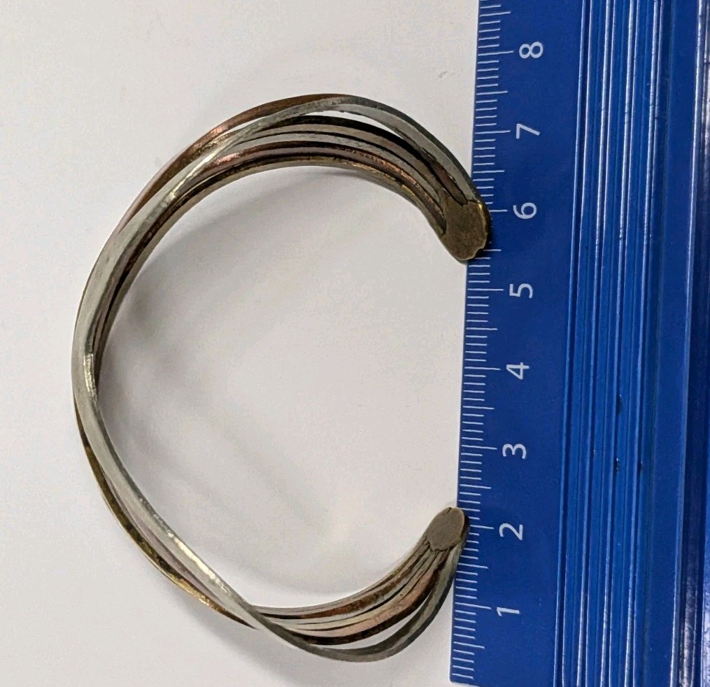 Vintage Modernist Mixed Metal Cuff Bracelet Brass Copper Silver Tone Open Bangle