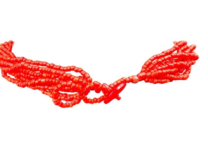 Red Multi-Strand Seed Bead Necklace with Blue Green Monogram “B” Stone Pendant