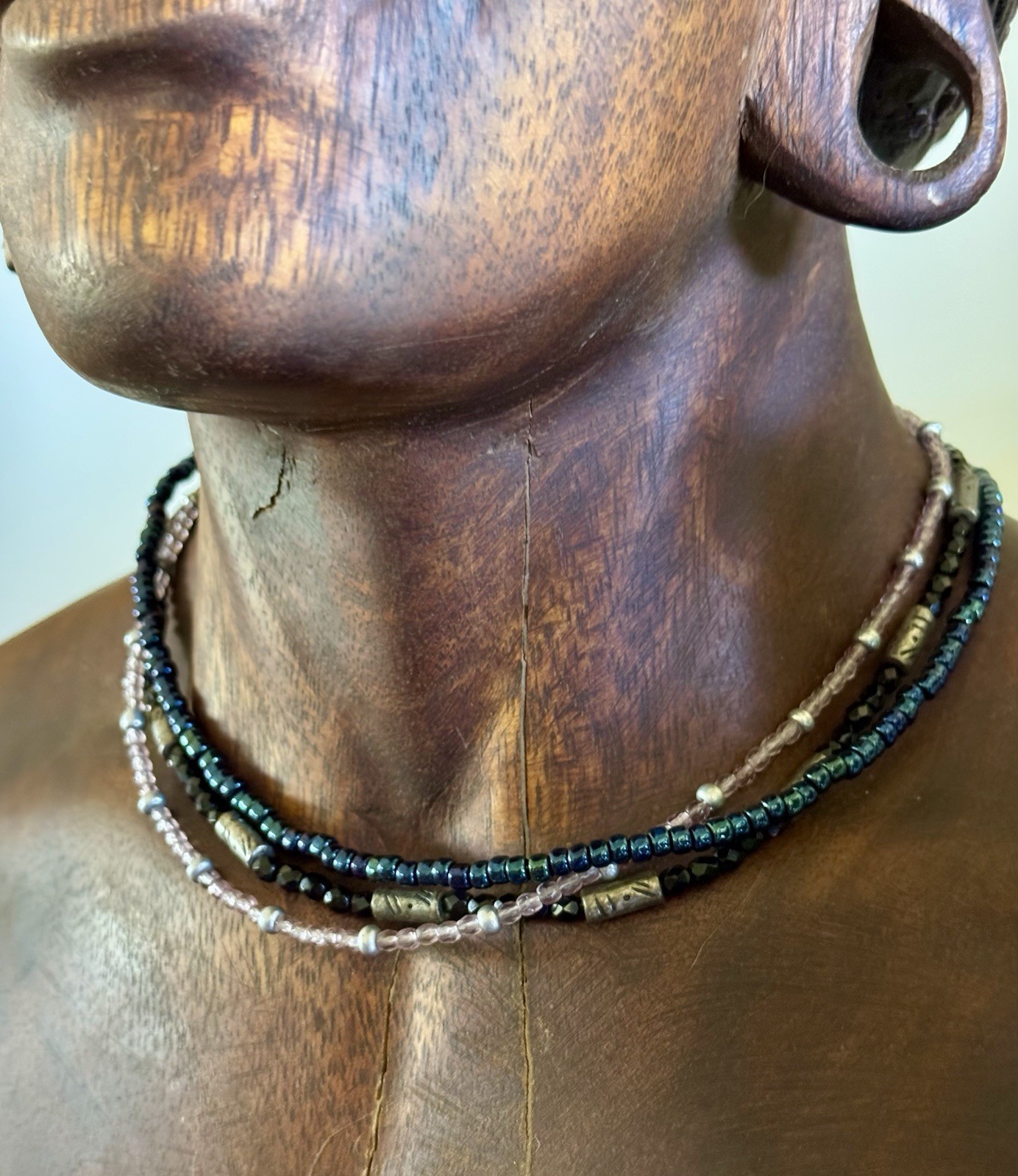 Multi-Strand Glass Beaded adjustable Necklace Black Blue Purple Silver Chico’s