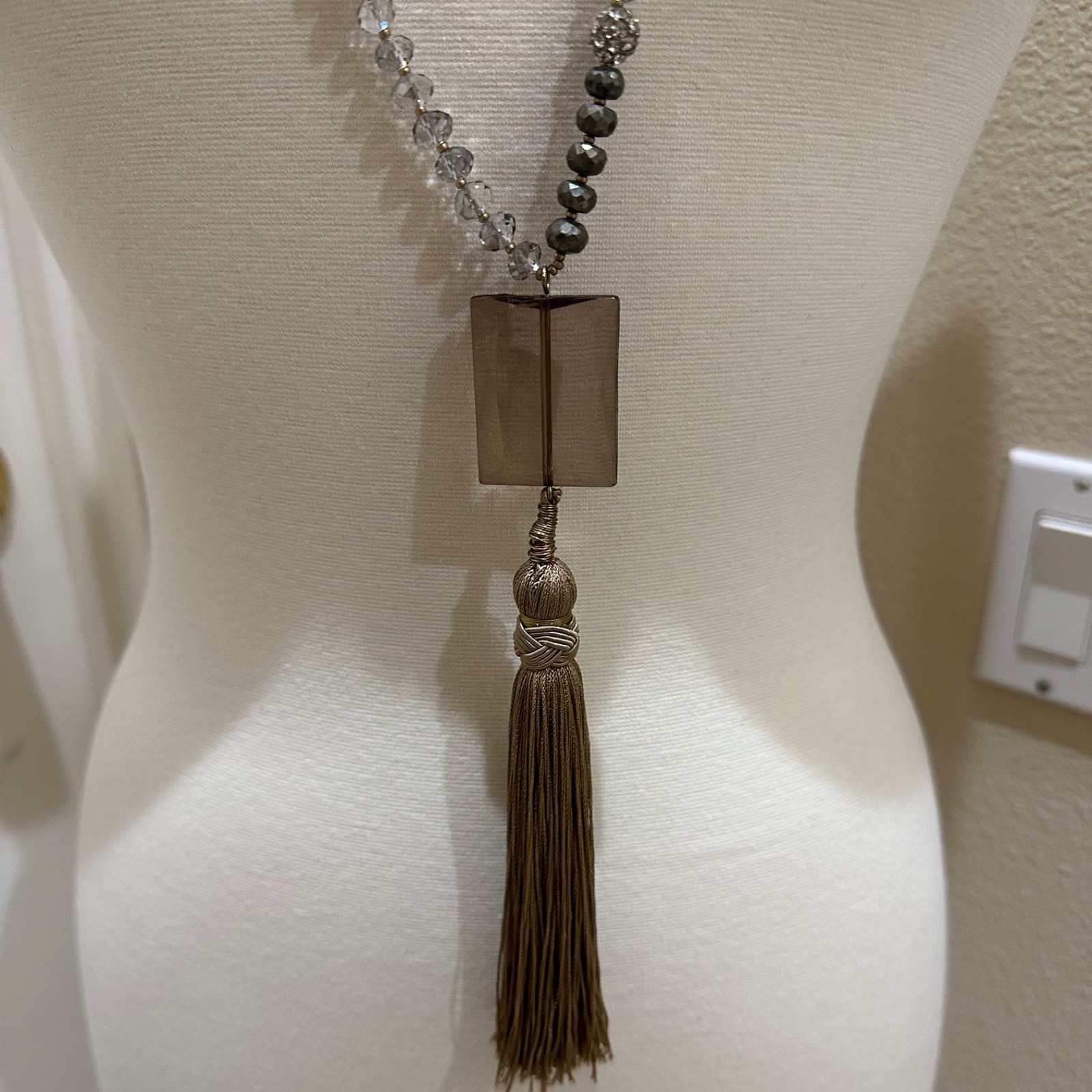 Vintage Chico’s Necklace Long Glass Beads Tassel Bronze Rhinestones 35 in