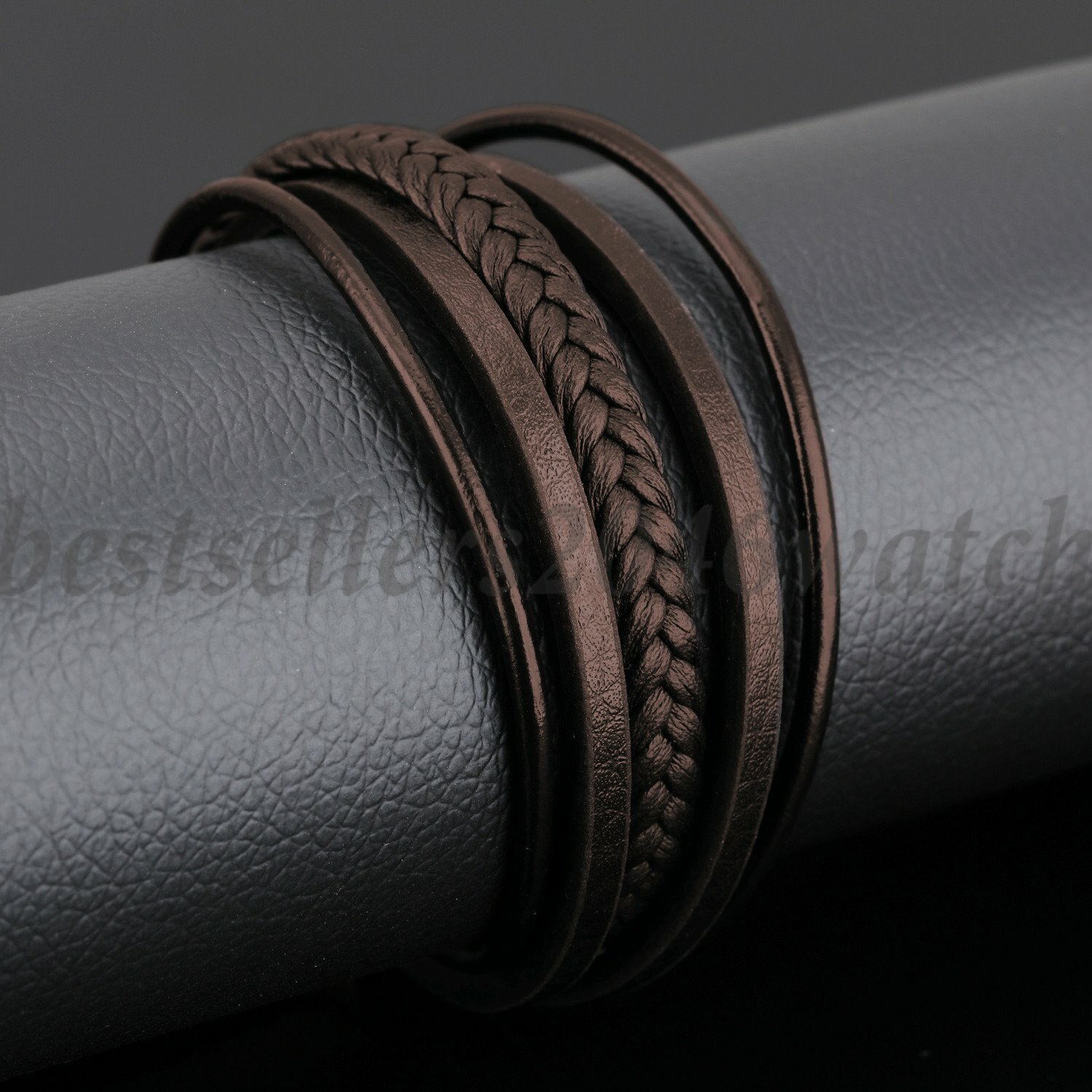 Men’s Braided Leather Bangle Bracelet Stainless Steel Clasp Handmade Wristband