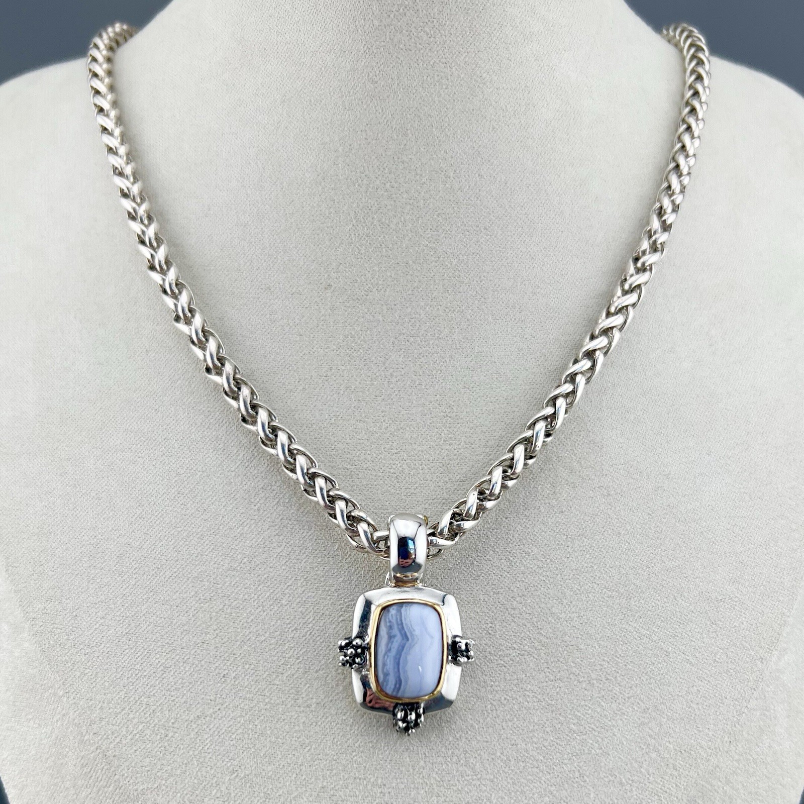 Blue Lace Agate Necklace Wheat Chain Silver Tone 18”
