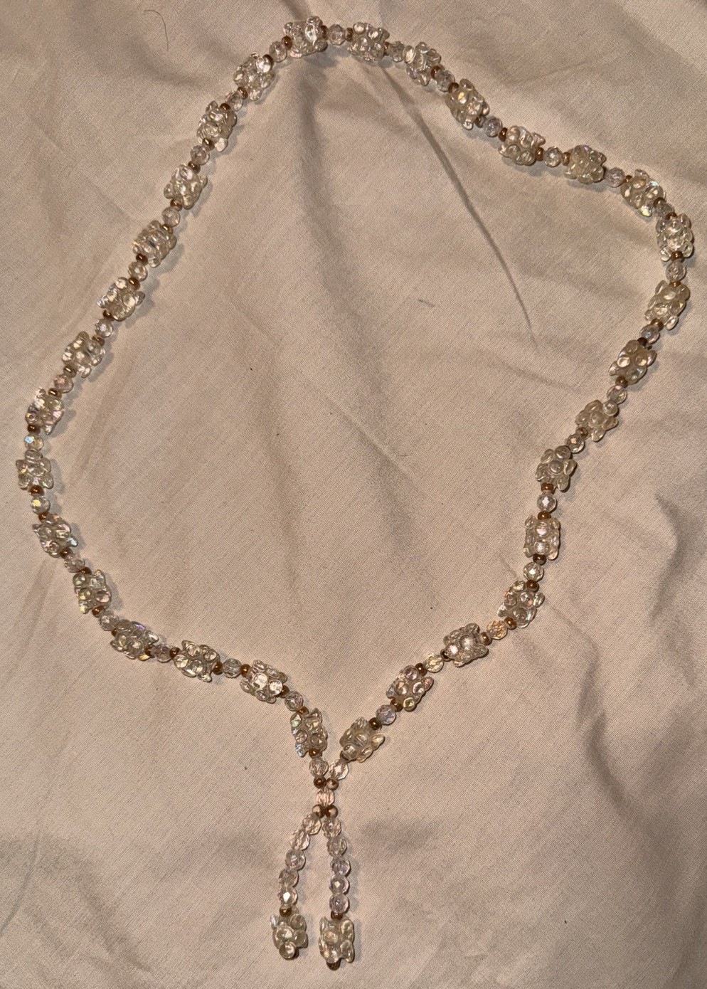 Clear AB Beaded Y Necklace Gold Tone Plastic Costume Jewelry 26” w/ 2” Drop