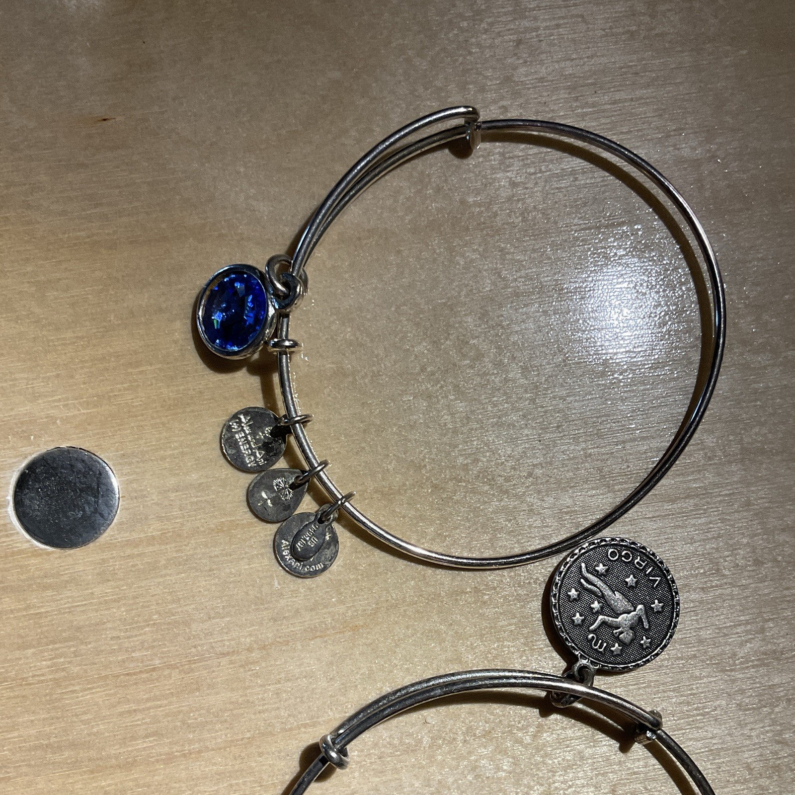 Alex and Ani Lot 2 Adjustable Wire Bangle Charm Bracelets Zodiac Blue Crystal