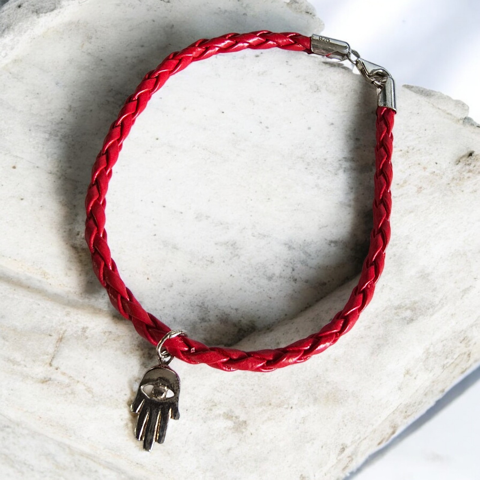 Sterling Silver 925 Small Hamsa Hand Red Leather Bracelet 6 Inches Long.