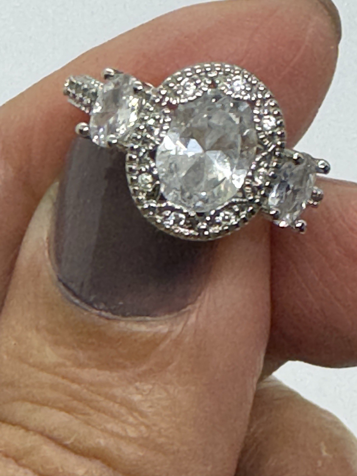 Oval 3 Stone Halo Cocktail Ring Size 6