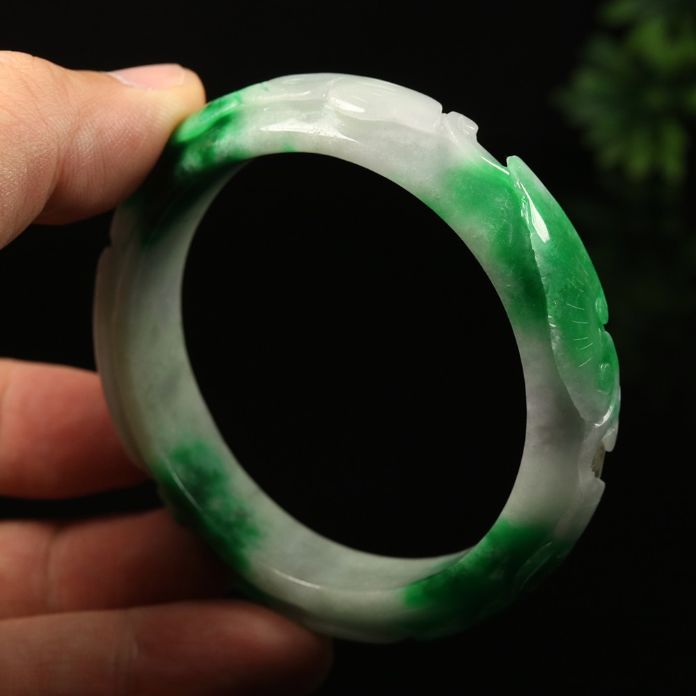 58mm White Emerald Green Jadeite Jade Bracelet Bangle Ruyi Rabbit Bat A-14597