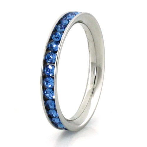 Stainless Steel Eternity Blue Crystal September Birthstone Stackable Ring 3MM