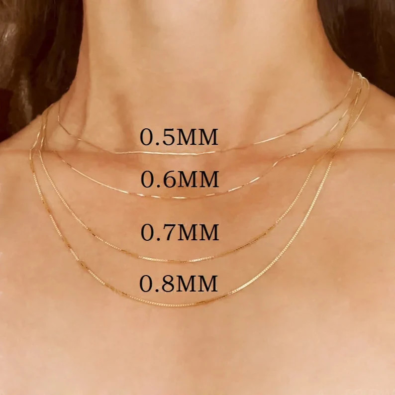 14K Solid Yellow Gold Box Chain Necklace 0.4MM-0.7MM Spring or Lobster