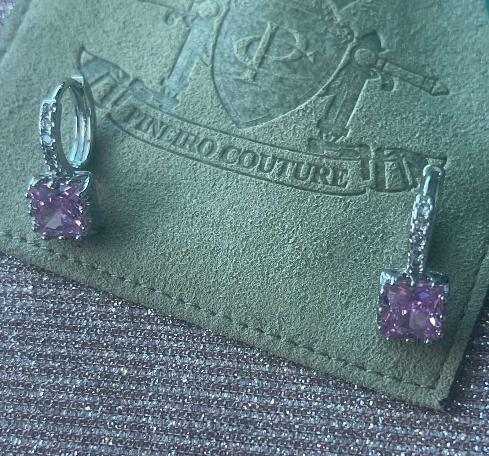 Pineiro Couture 925 Silver CZ Pink Princess Cut 2.00Ct English Lock Earrings NWB