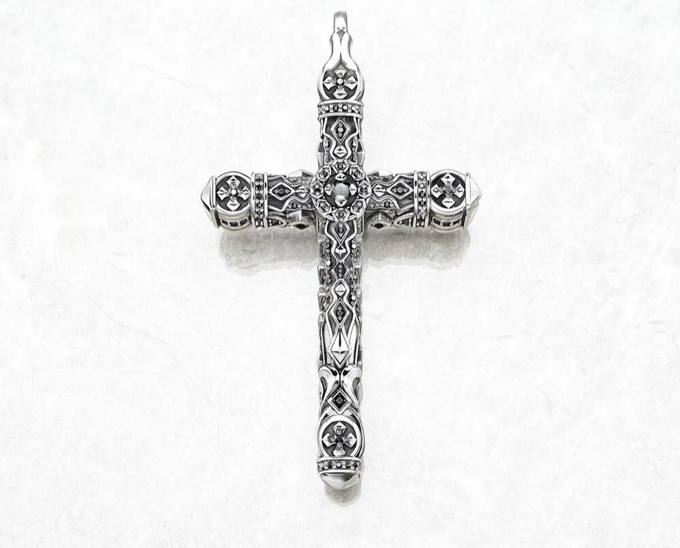 Cross Pendant Antique Vintage Carved 925 Sterling Silver 2.7 Inches Long