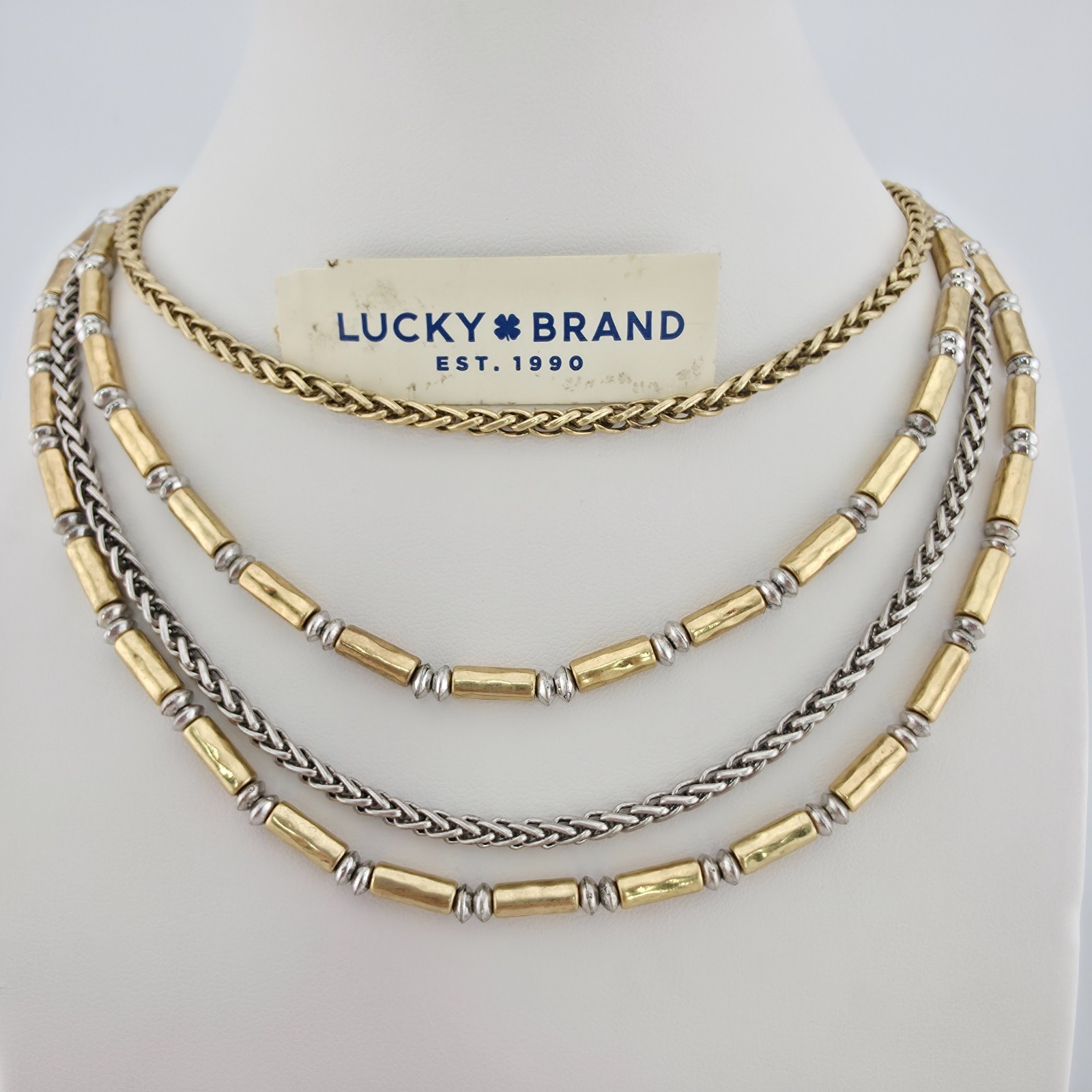 NEW LUCKY BRAND Layered Necklace Hammered & Round Beads Gold Silver Tone “