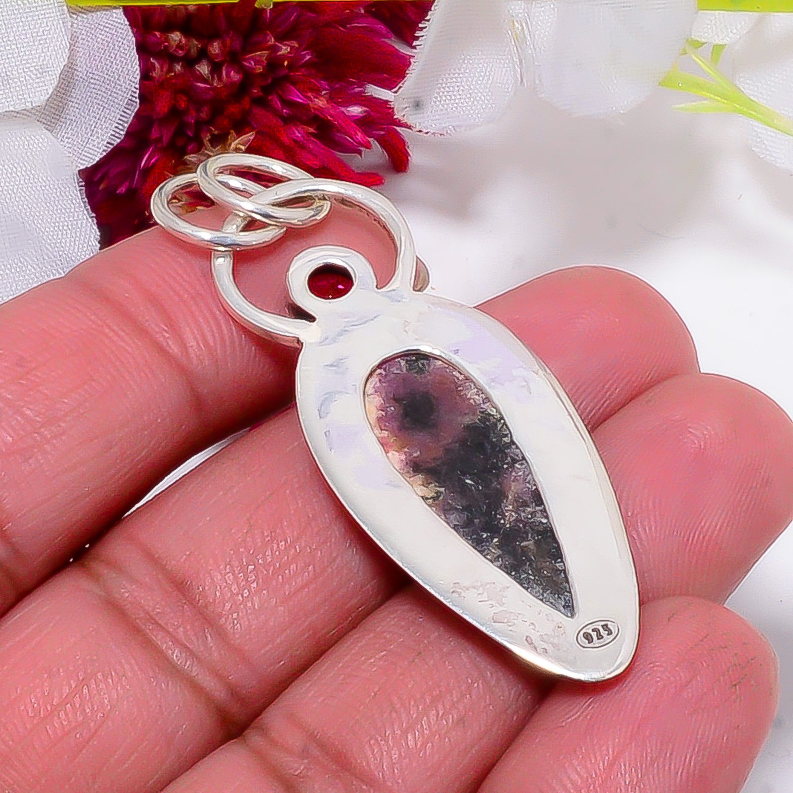 Black Manganese In Rhodonite925 Sterling Silver Pendant 2.15″ Sku50