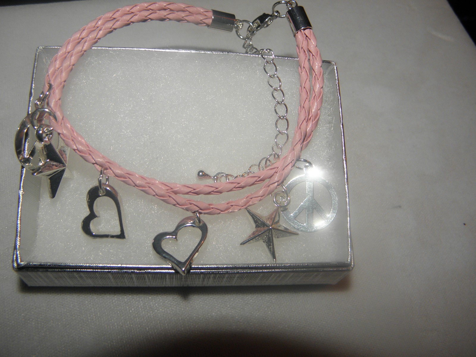 BRACELET STARS LOVE AND PEACE SIGN HEARTS CHARM PINK BRAIDED NEW 6″ to 8 1/2