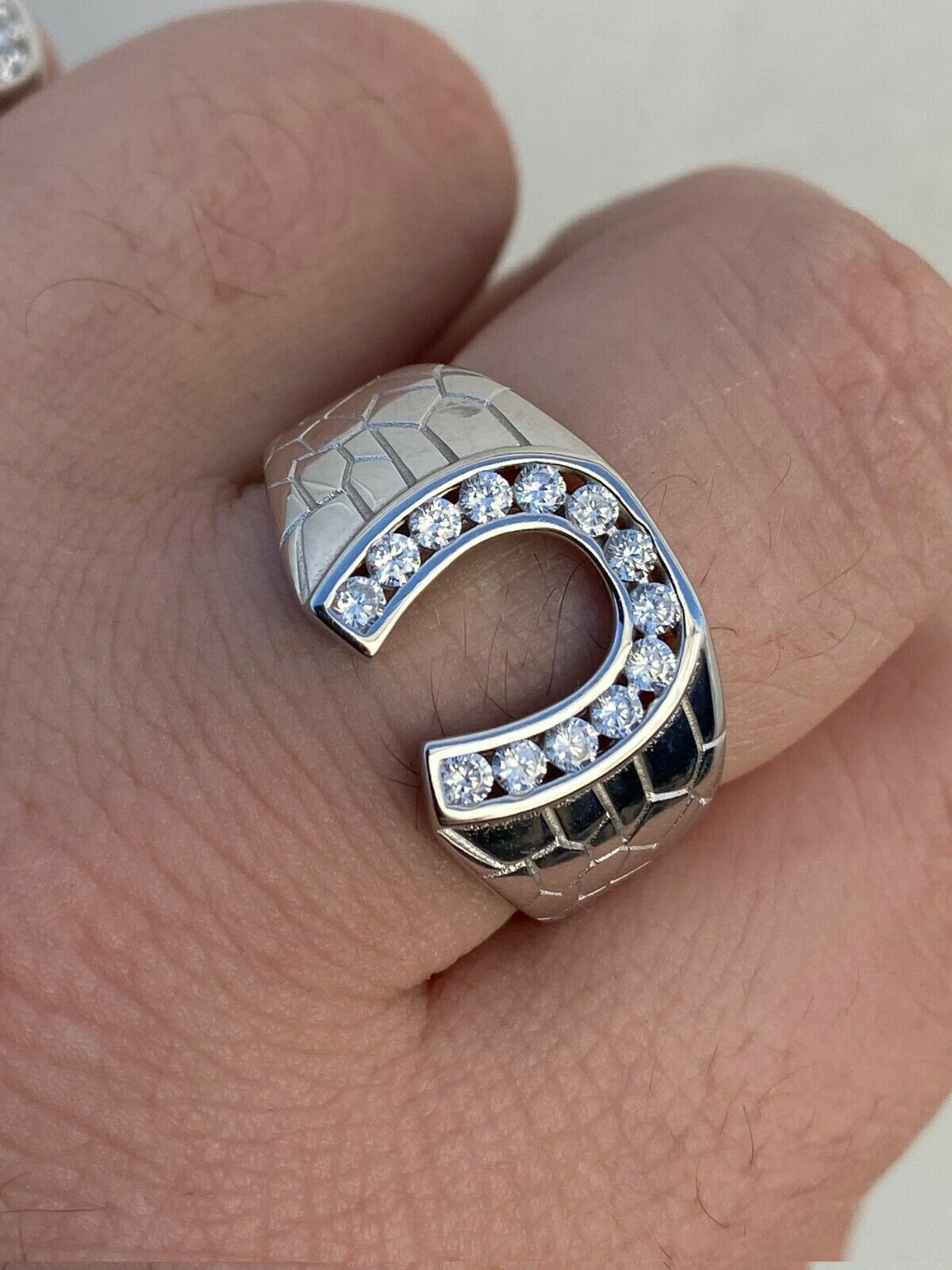 Men’s Real Solid 925 Sterling Silver Lucky Horseshoe Ring Iced CZ Hip Hip Pinky