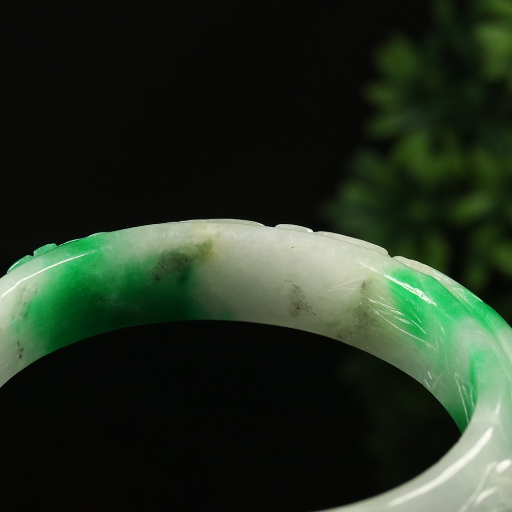 58mm White Emerald Green Jadeite Jade Bangle Bracelet Ruyi Rabbit Bat A-14581