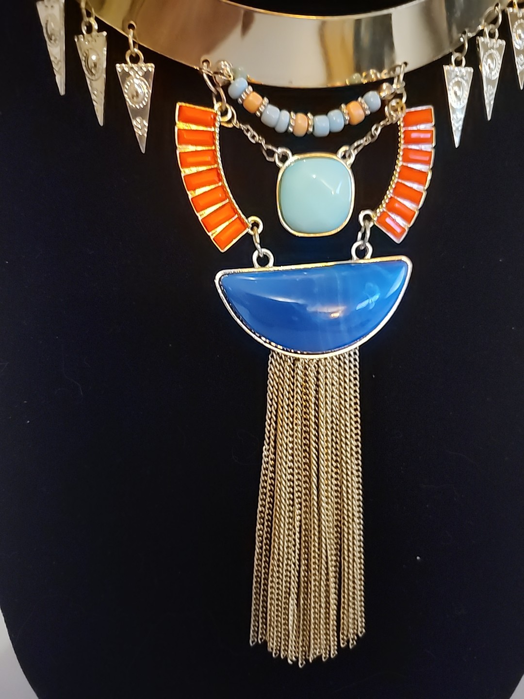 Blue and Orange Necklace Boho Tribal Gold Tone Rigid Base Fringe Tassle