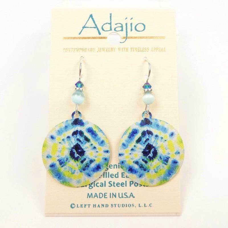 Adajio Earrings Sterling Silver Hook Yellow and Blue Tie Dye Disc Handmade 8014
