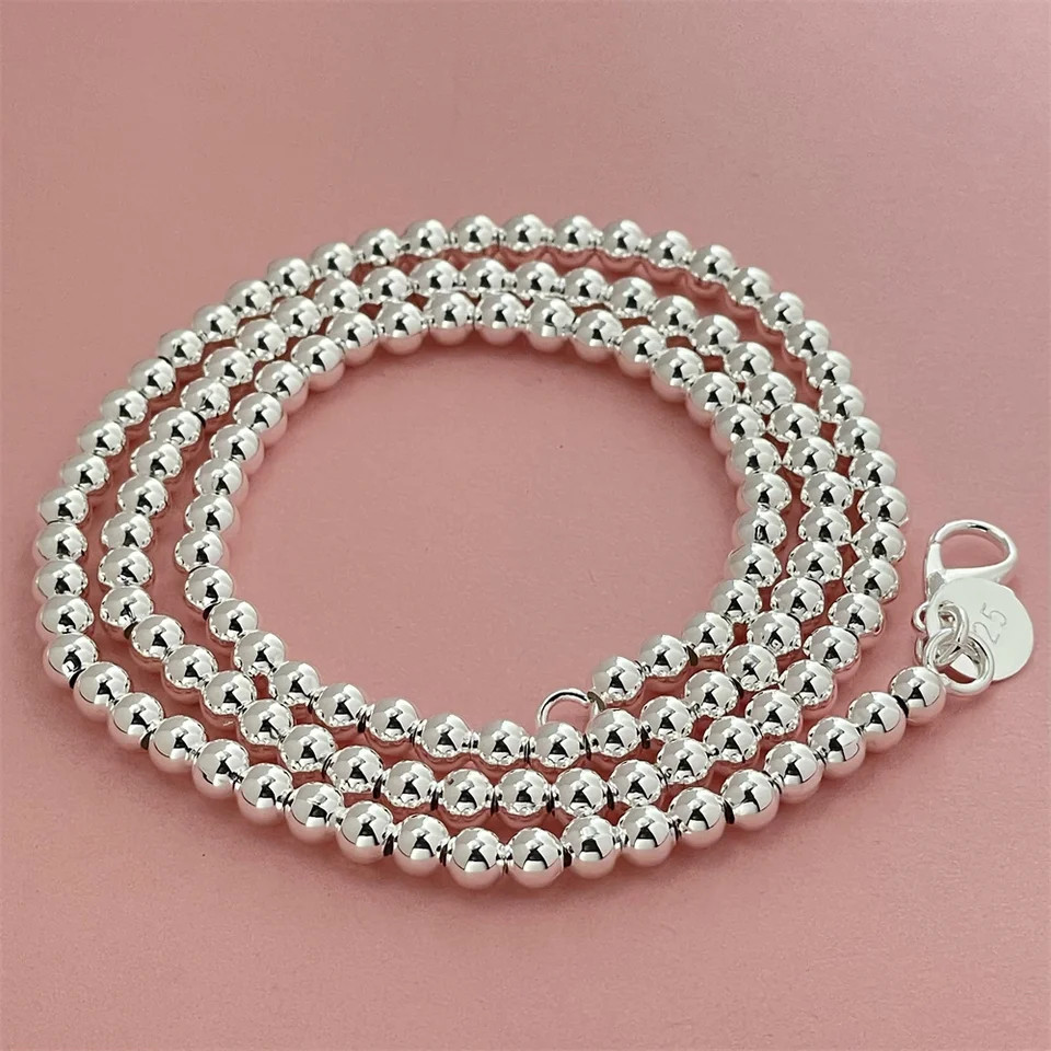 Round Bead Chain Necklace 925 Sterling Silver 4mm Classic Wedding Men Jewelry