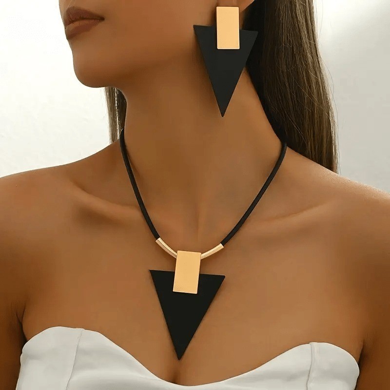 Women’s Geometric Triangle Jewelry Set Two-Tone Statement Necklace Ear Studs