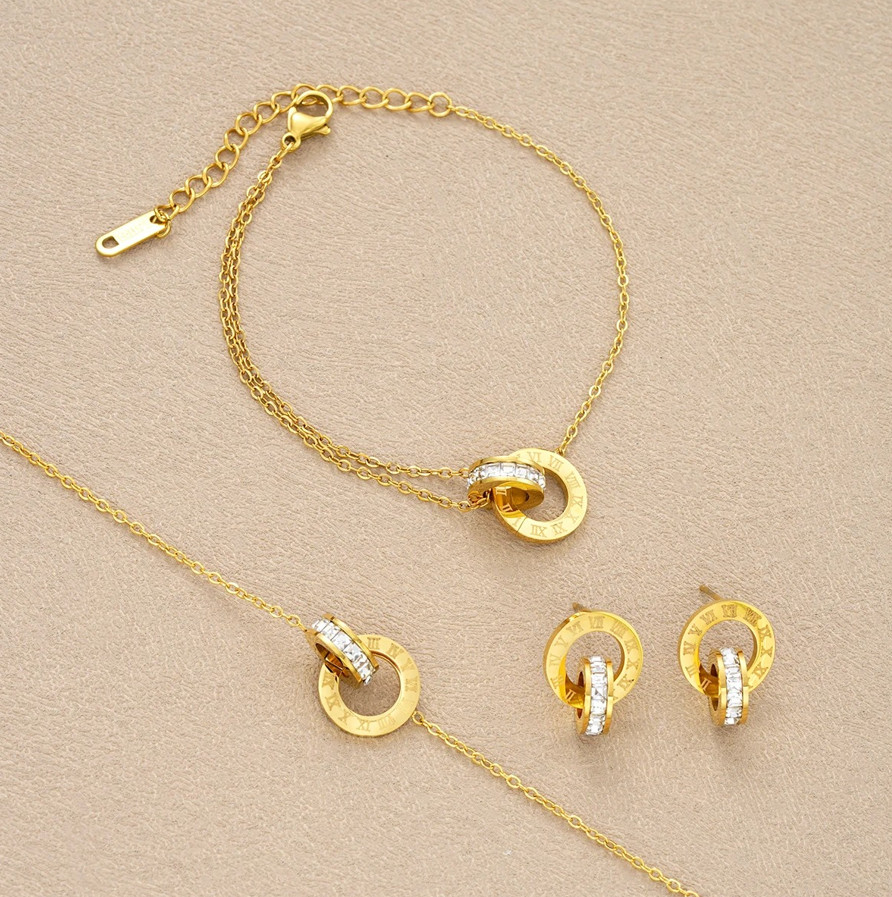 4pcs Gold Stainless Steel Jewelry Set Necklace Bracelet Earrings Roman Circles