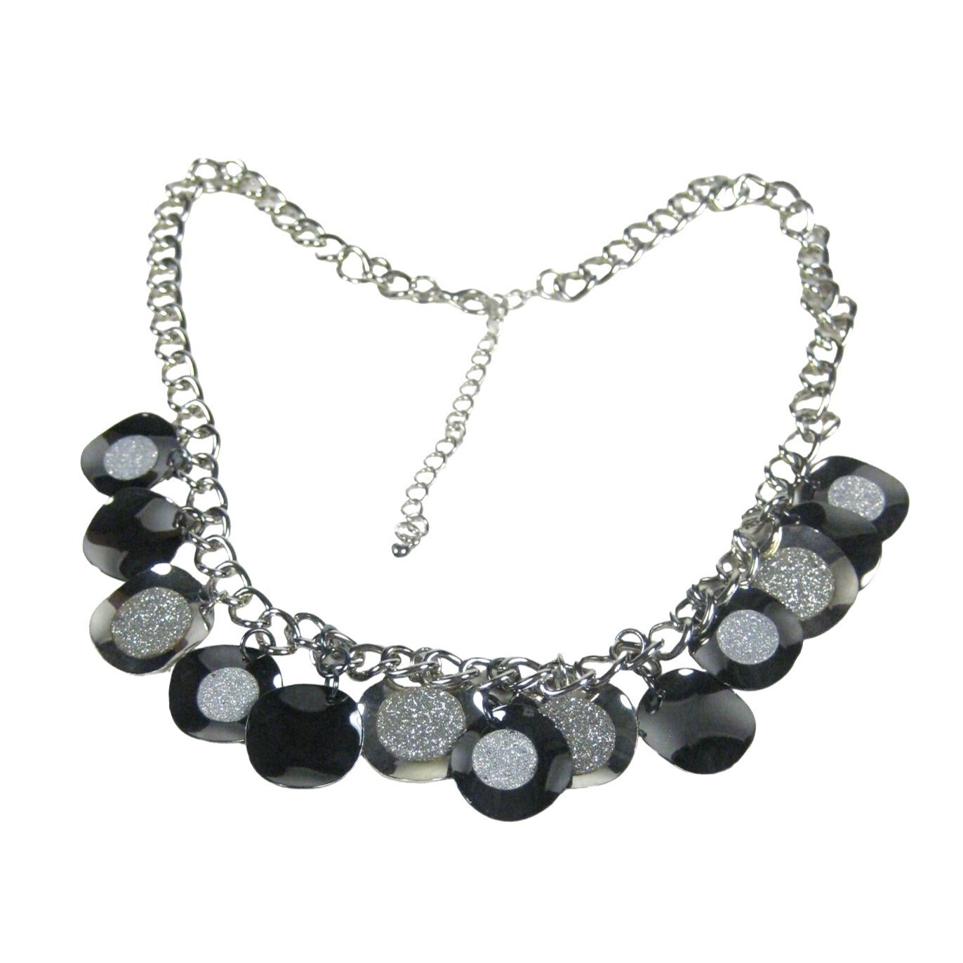Silvertone Chain Charm Necklace 18 Inch Festival Statement Party Round Disc