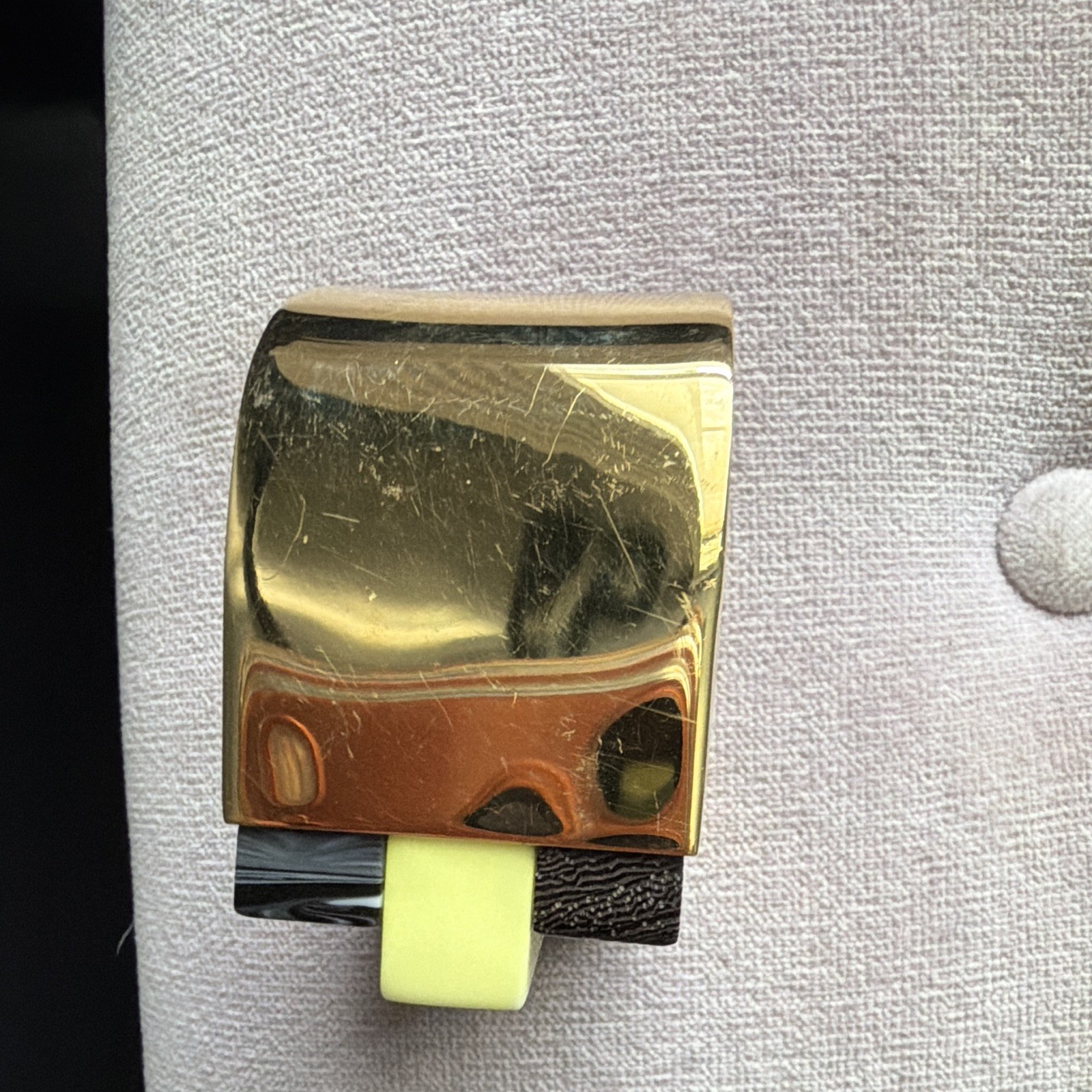 Stella McCartney Signed Gold Tone Brass Cuff Bracelet with Multicolor Inlay