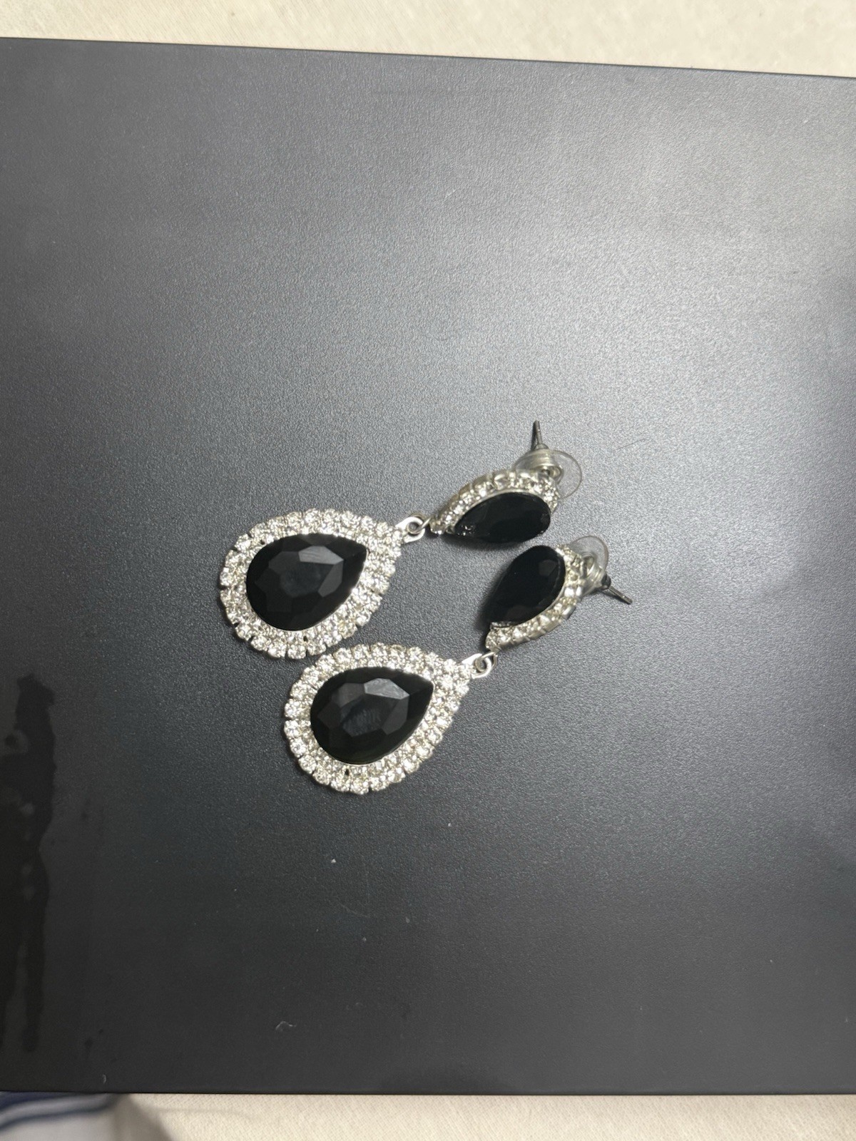 Black Rhinestone Teardrop Statement Earrings Silver Tone Formal Wedding