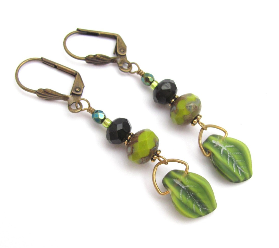 Green Earrings Leaves Hippie Boho Dangle Antiqued Brass Czech Glass Ren Fair