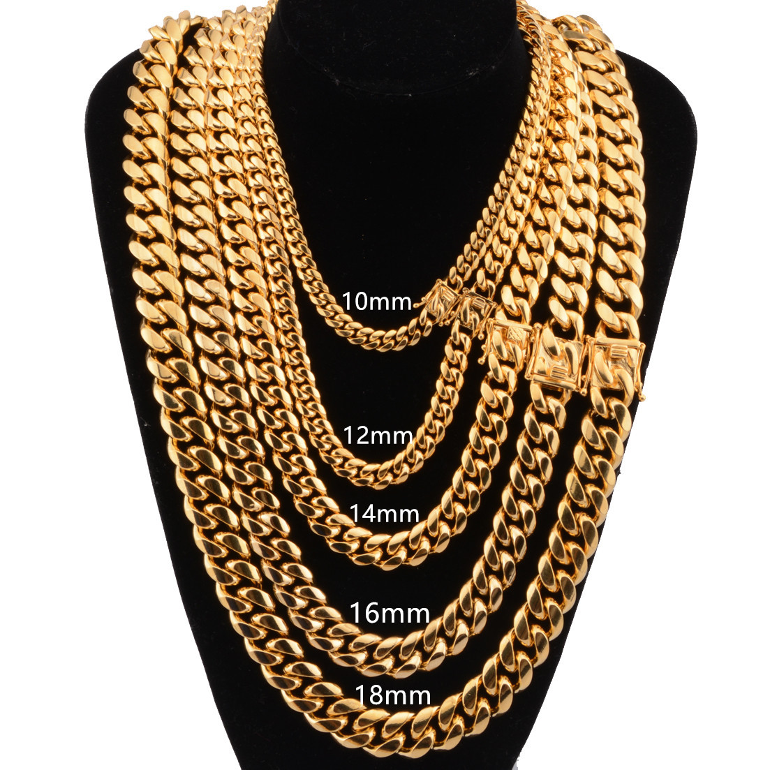 Mens Miami Cuban Link Bracelet or Chain Necklace 18k Gold Plated Stainless Steel