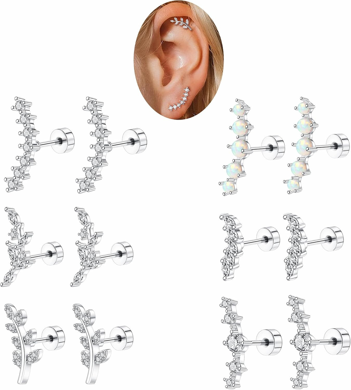 12PCS Cartilage Earrings Helix Piercing for Women Silver Hypoallergenic Surgical