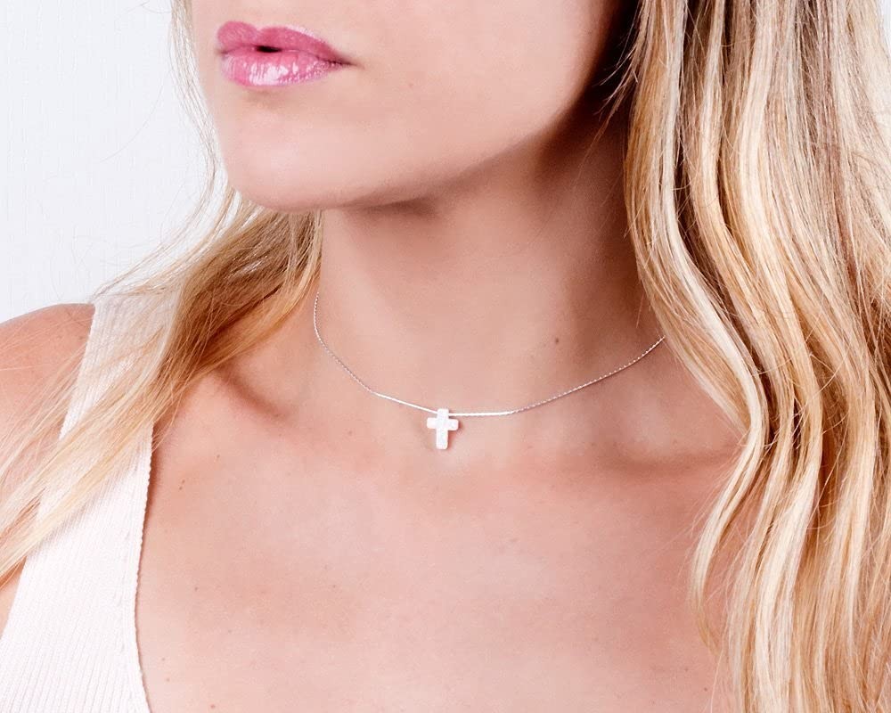 Opal Cross Choker Necklace – Thin Chain, Gold Filled or Silver, Blue or White…