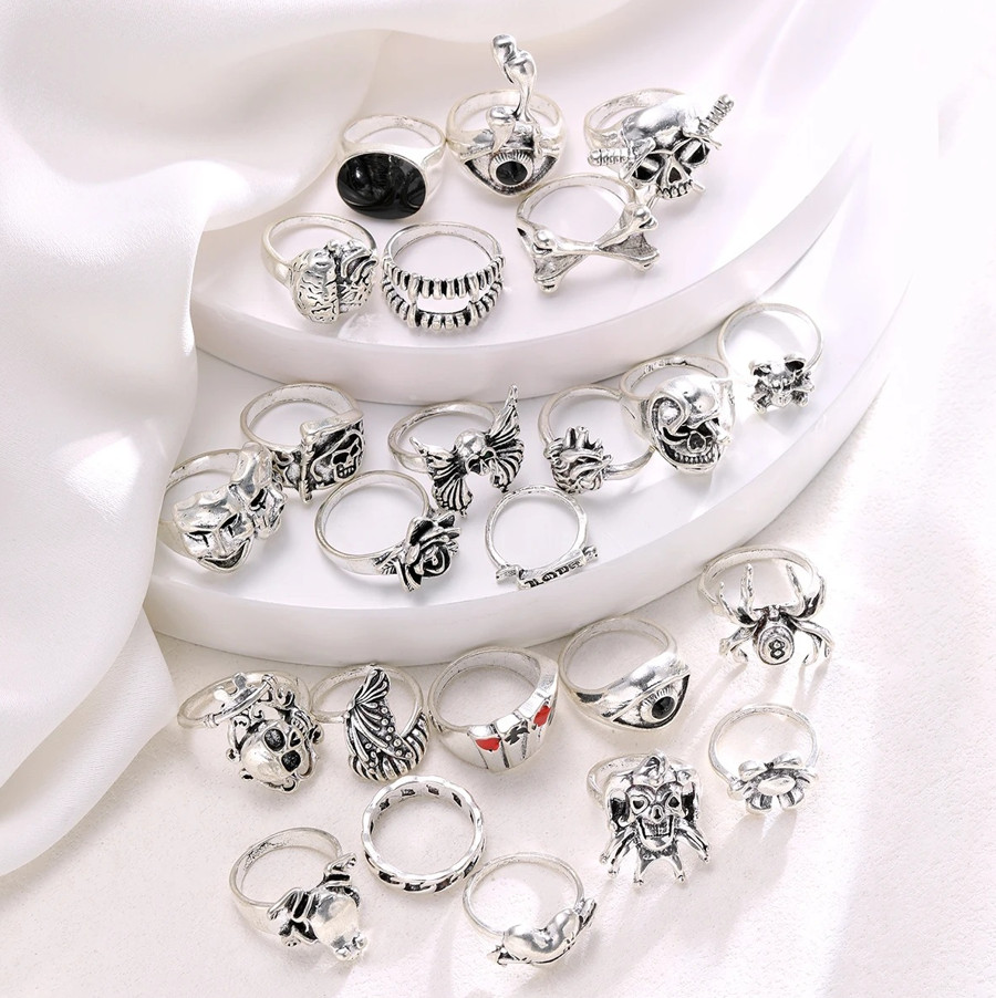 24pcs Gothic Skeleton Ring Set Punk Grunge Unisex Street Jewelry Gift – NEW