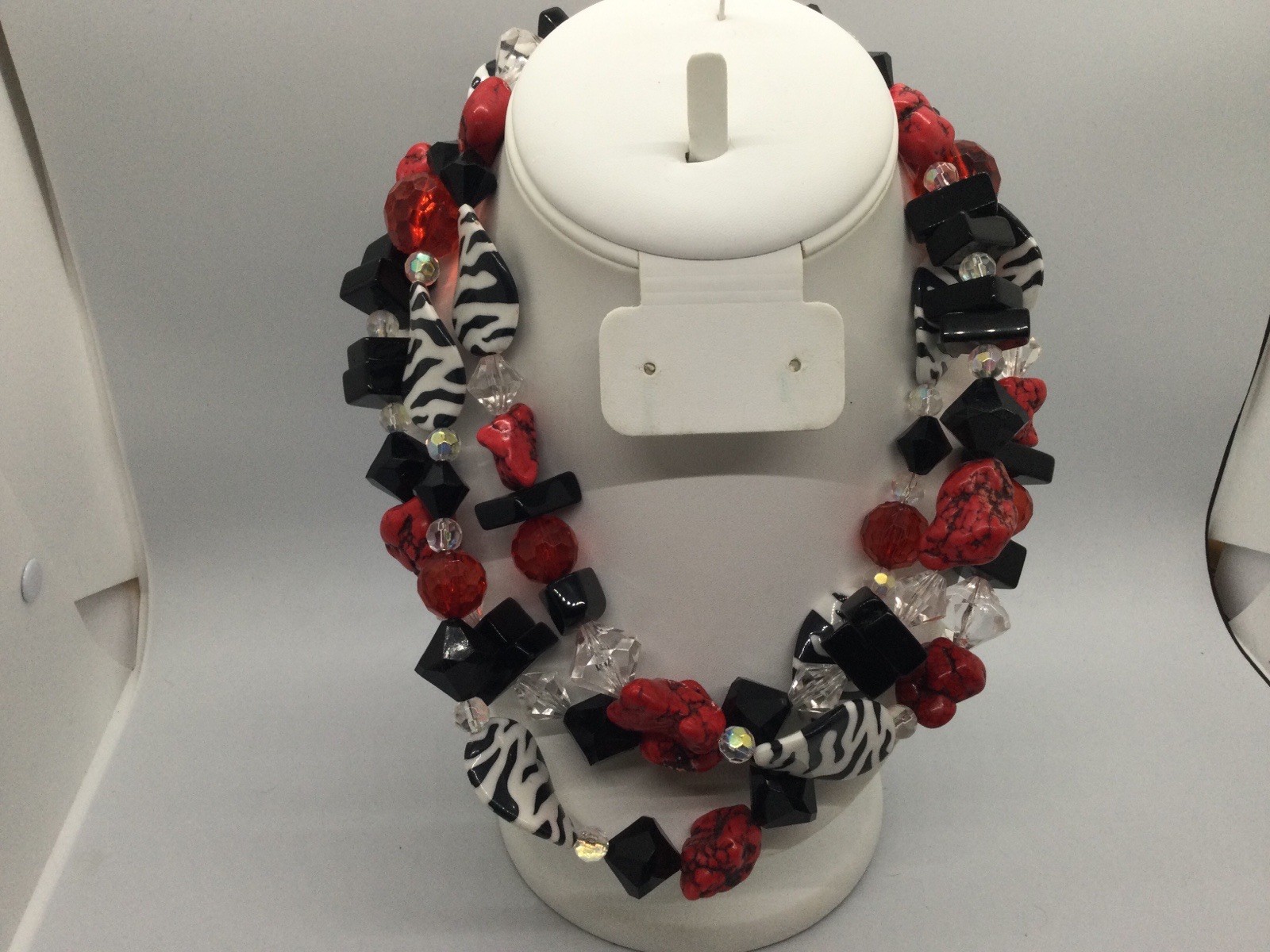 Chunky Zebra Beads And Red Dyed Howlite 3 Strand Necklace