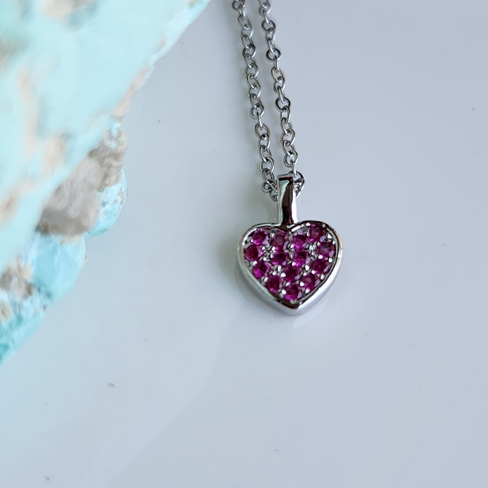 1.5mm Ruby Small HEART 13.5mm WB Pendant Gemstone Free Chain White Gold Plated