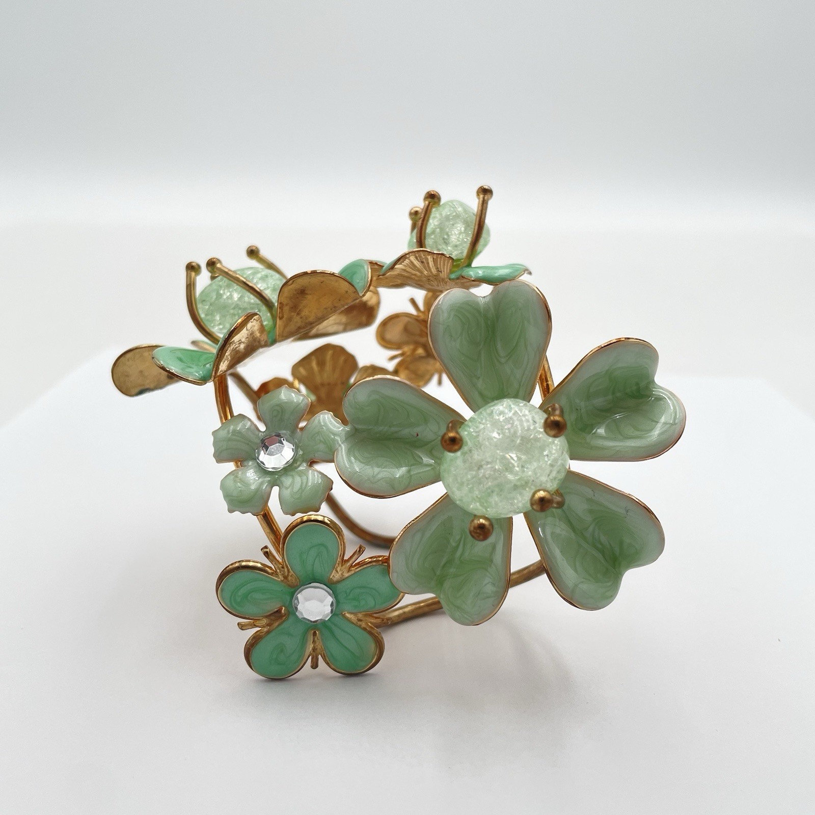 Floral Cuff Bracelet Crackled Glass Rhinestones & Enamels Statement Bracelet